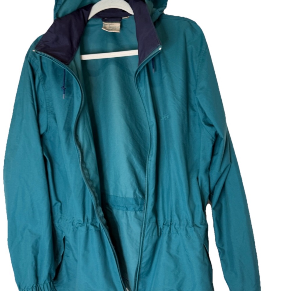 LLBean YKK Teal hidden Hood Windbreaker Track Jacket M pockets full zip Anorak